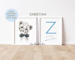 Baby Boy Nursery Set Of Unframed Personalised Prints Black White & Grey - Safari Animals Elephant Zebra Giraffe Monkey Cheetah Koala A4 A3 - thumbnail 1