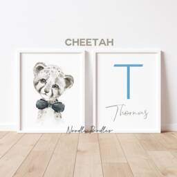 Baby Boy Nursery Set Of Unframed Personalised Prints Black White & Grey - Safari Animals Elephant Zebra Giraffe Monkey Cheetah Koala A4 A3 - thumbnail 2