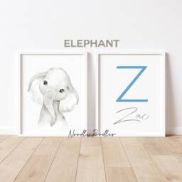Baby Boy Nursery Set Of Unframed Personalised Prints Black White & Grey - Safari Animals Elephant Zebra Giraffe Monkey Cheetah Koala A4 A3 - thumbnail 3
