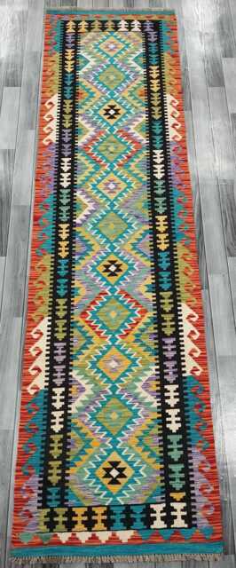Colourful Runner Rug, Handmade Artisan Afghan Turkish, Scandinavian, Navajo, Bohemian, Flatweave, Natural Wool Kilim Rug 292x78 cm - image 1