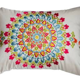 Embroidered Medallion Lumbar Pillow Cover - Pink Turquoise Gold Lime - thumbnail 4