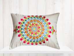 Embroidered Medallion Lumbar Pillow Cover - Pink Turquoise Gold Lime