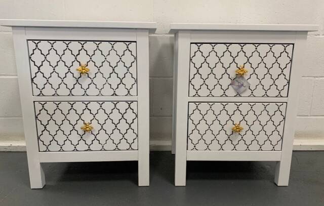 Pair Of Bedside Tables Painted Bespoke Moroccan Geometric Art Deco Gold Leaf Bee Elephant Handles Stencilled - image 1