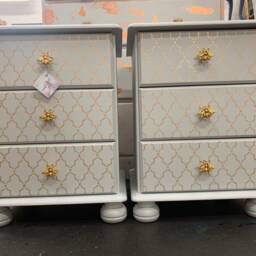 Pair Of Bedside Tables Painted Bespoke Moroccan Geometric Art Deco Gold Leaf Bee Elephant Handles Stencilled - thumbnail 3