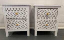 Pair Of Bedside Tables Painted Bespoke Moroccan Geometric Art Deco Gold Leaf Bee Elephant Handles Stencilled