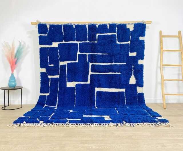 Blue White Abstract Moroccan Berber Rug, Living Room Shag Area Carpet, Hand Tufted Large Rug - image 1