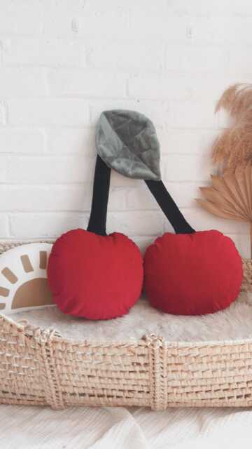 Cherry Velvet Decorative Pillow - Handmade Fruit Accent Cushion, Summer Decor - image 1