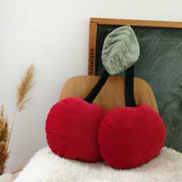 Cherry Velvet Decorative Pillow - Handmade Fruit Accent Cushion, Summer Decor - thumbnail 3