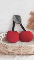 Cherry Velvet Decorative Pillow - Handmade Fruit Accent Cushion, Summer Decor - thumbnail 1