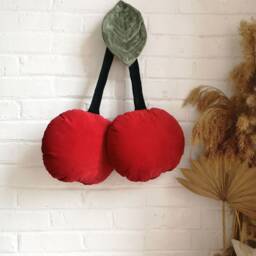 Cherry Velvet Decorative Pillow - Handmade Fruit Accent Cushion, Summer Decor - thumbnail 4