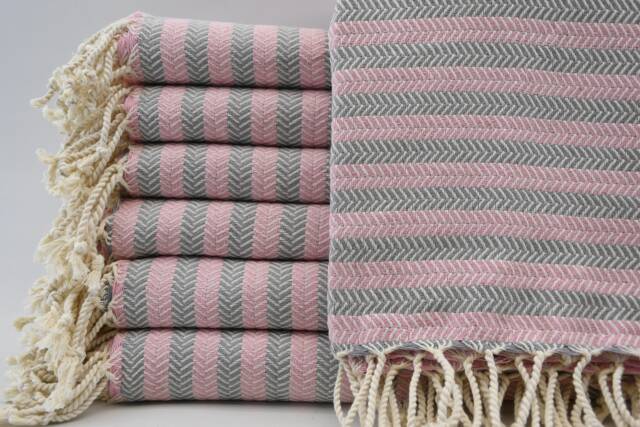 "Light Pink & Gray Striped Towel, Turkish Towel, Bohemian Towel, Sauna Towel, Handmade Towel, 38""x63" - image 1
