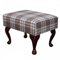 Handmade Small Footstool in Brown Chestnut Tartan Fabric - Kintyre Upholstered British Custom Made