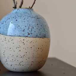 Handmade Speckled Clay Bud Vase With Aqua Blue Glaze Rustic Farmhouse Decor, Minimalist Stoneware - thumbnail 3