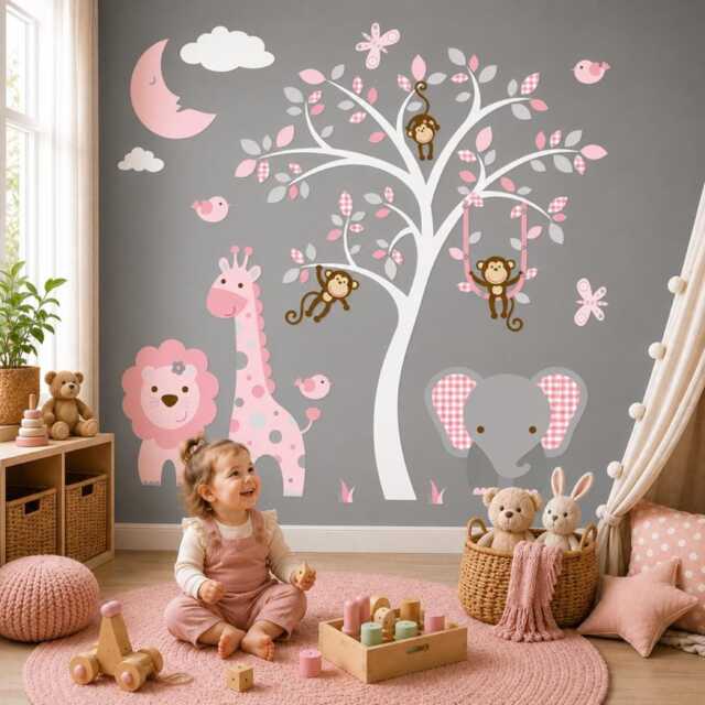 Jungle Nursery Wall Stickers Baby Girls Safari Animal Decals, Removable Giraffe Elephant Lion Monkeys - image 1