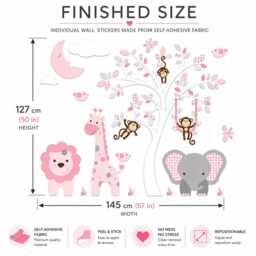 Jungle Nursery Wall Stickers Baby Girls Safari Animal Decals, Removable Giraffe Elephant Lion Monkeys - thumbnail 2