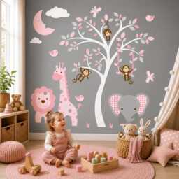 Jungle Nursery Wall Stickers Baby Girls Safari Animal Decals, Removable Giraffe Elephant Lion Monkeys - thumbnail 1