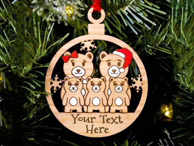 Traditional Bear Family Christmas Tree Decoration, Personalised Oak Engraved Xmas Bauble, Red & White, Mum Dad Kids Children Of 5 - image 1