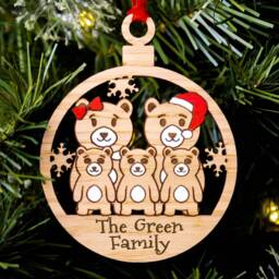 Traditional Bear Family Christmas Tree Decoration, Personalised Oak Engraved Xmas Bauble, Red & White, Mum Dad Kids Children Of 5 - thumbnail 3
