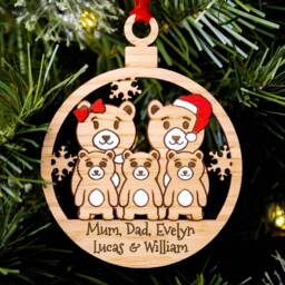 Traditional Bear Family Christmas Tree Decoration, Personalised Oak Engraved Xmas Bauble, Red & White, Mum Dad Kids Children Of 5 - thumbnail 2