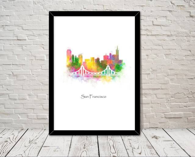 Us Landmarks San Francisco Skyline Watercolour Illustration Print World Attractions Famous Landmark Travel Poster Historical Site