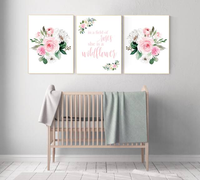 Floral Nursery Decor Pink Flower Girl Room Art Print - image 1