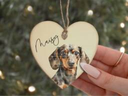Personalised Dachshund Wooden Heart Bauble, Any Colour Sausage Dog Rustic Neutral Wood Watercolour Digital Name Gift Ideas Lover Owner - thumbnail 1
