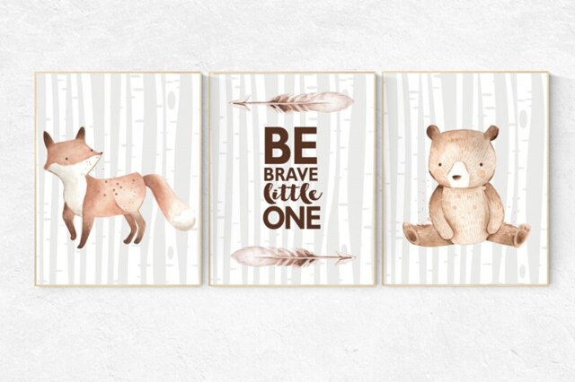 Woodland Animal Nursery Prints Fox, Bear, Feather Wall Art - image 1
