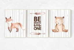 Woodland Animal Nursery Prints Fox, Bear, Feather Wall Art - thumbnail 1
