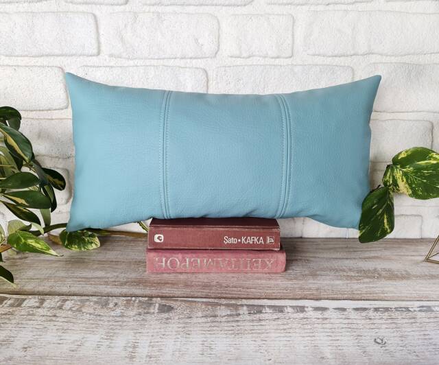 Light Blue Faux Leather Lumbar Pillow Modern Home Decor - image 1