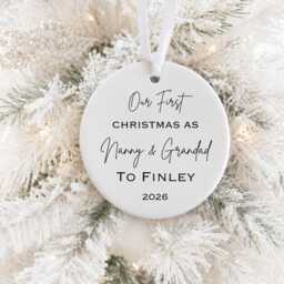 Personalised First Christmas Grandparents Ornament, New Nanny Grandad Gift, Ceramic Bauble - thumbnail 1