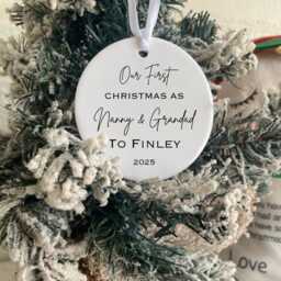 Personalised First Christmas Grandparents Ornament, New Nanny Grandad Gift, Ceramic Bauble - thumbnail 4