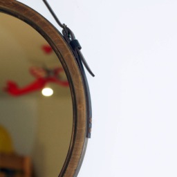 Round Wooden Mirror With Leather Strap, Rustic Wall For Bathroom, Entryway Or Living Room, Modern Decorative Framed - thumbnail 2