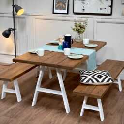 Handmade Rustic Wood Dining Table & Bench Set Steel A-Frame Legs - thumbnail 3