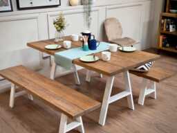 Handmade Rustic Wood Dining Table & Bench Set Steel A-Frame Legs - thumbnail 1
