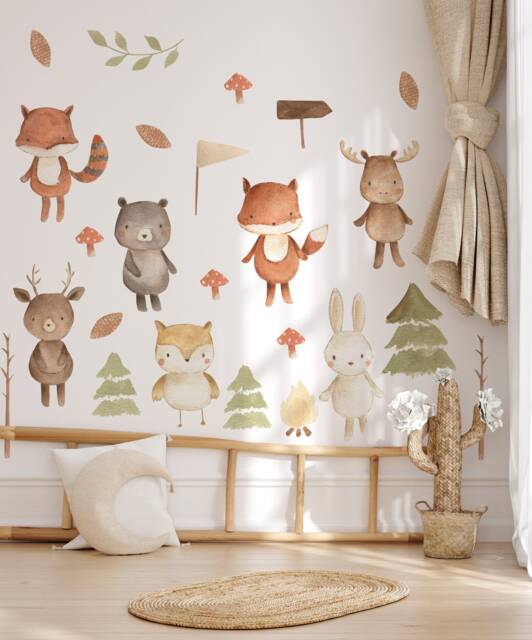 Watercolor Forest Animals Nursery Wall Decal Peel & Stick Fabric Stickers - image 1