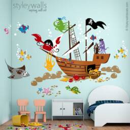 Underwater Wall Decal, Ocean Pirate Ship Fishes Playroom Decals, Nursery Baby Room Decor