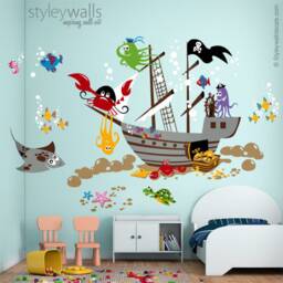 Underwater Wall Decal, Ocean Pirate Ship Fishes Playroom Decals, Nursery Baby Room Decor - thumbnail 2
