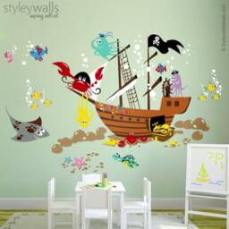 Underwater Wall Decal, Ocean Pirate Ship Fishes Playroom Decals, Nursery Baby Room Decor - thumbnail 3