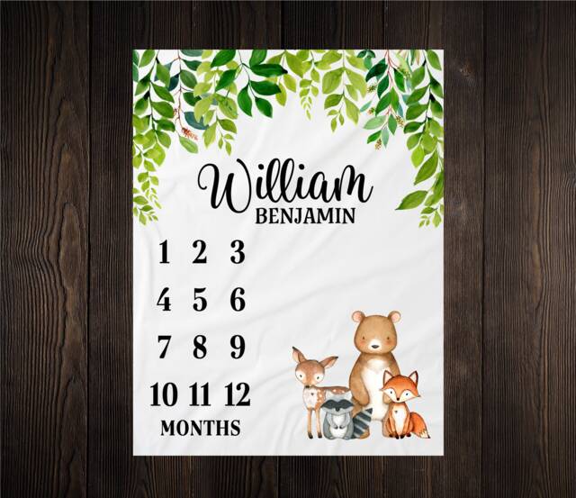 Woodland Milestone Blanket Monthly Growth Tracker Soft Fleece Fox Baby Shower Gift Newborn Watch Me Grow Boy - image 1