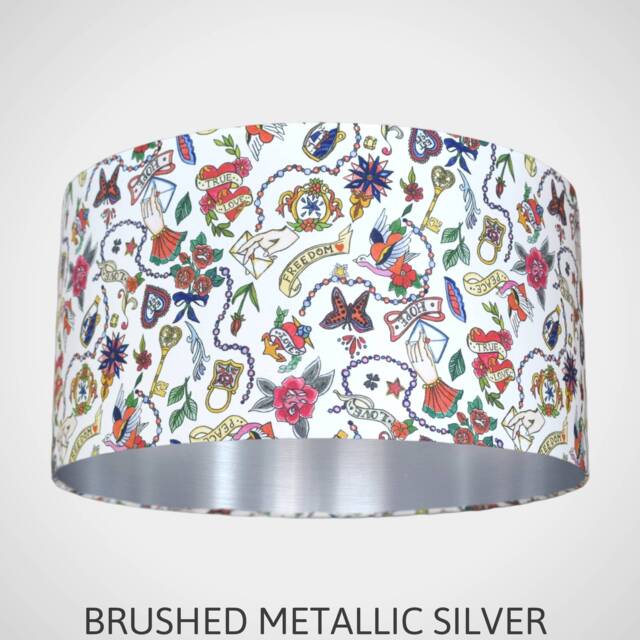 True Love Tattoo Lampshade Silver Lining, 20cm To 45cm ?? For Ceiling Or Lamp Base, Handmade By Vivid Shades - image 1