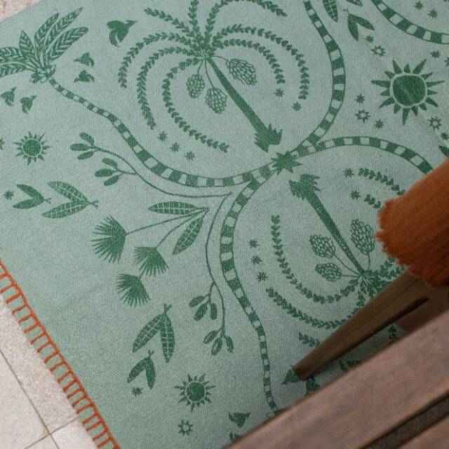 Lime Cream Printed Cotton Kilim Rug - Living Kids Room Area Rugs Silk Screen Floral Illustrated Accent Runner- Trendy Decorative Woven 5x7 - image 1