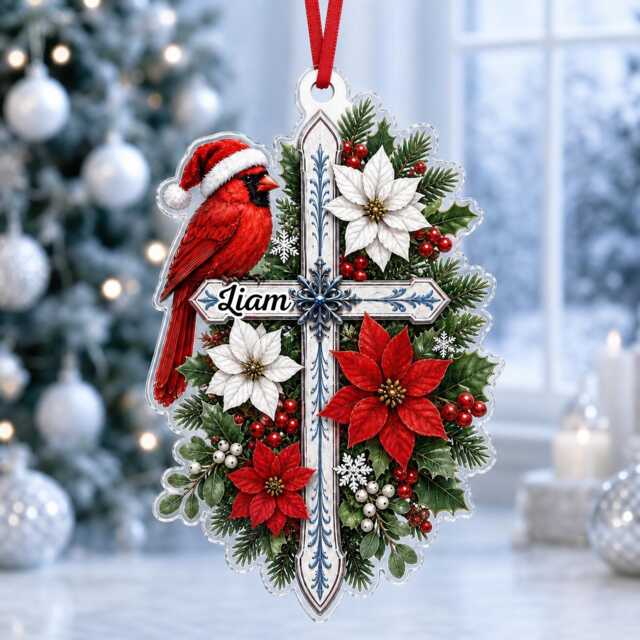 Custom Name Cardinal Cross Personalized Ornament, Christmas Tree Car Hanging Decor, Flat 2D Ornament Acrylic Wooden Xmas Keepsake Gift 2026 - image 1
