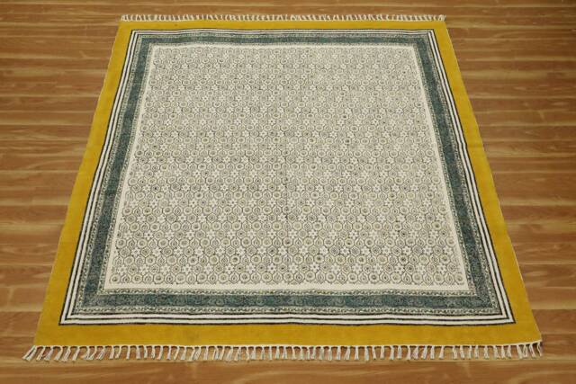 Indian Yellow Dhurrie Rug - Hand Block Printed Cotton Area - image 1