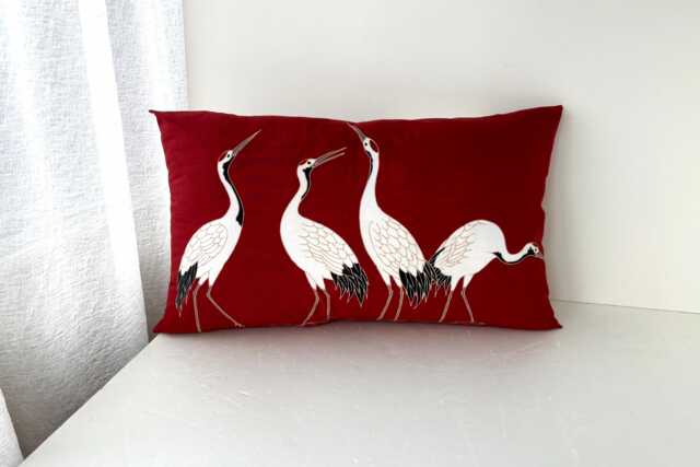 Japanese Cranes Wide Pillow Case, Red Tsuru Tenugui Cover, 24 X 12 Inches Throw Cushion - image 1