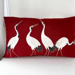 Japanese Cranes Wide Pillow Case, Red Tsuru Tenugui Cover, 24 X 12 Inches Throw Cushion - thumbnail 4