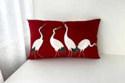Japanese Cranes Wide Pillow Case, Red Tsuru Tenugui Cover, 24 X 12 Inches Throw Cushion - thumbnail 1