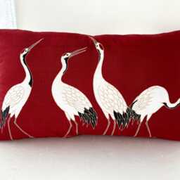 Japanese Cranes Wide Pillow Case, Red Tsuru Tenugui Cover, 24 X 12 Inches Throw Cushion - thumbnail 2