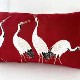 Japanese Cranes Wide Pillow Case, Red Tsuru Tenugui Cover, 24 X 12 Inches Throw Cushion - thumbnail 3