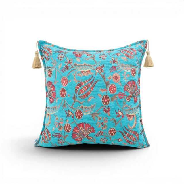 Turkish Fabric Pillow Cover 20x20, Turquoise Blue Boho Throw Pillow, Caucasus Carnation Pattern Decorative Sofa Accent Ethnic Cushion Case - image 1