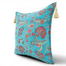 Turkish Fabric Pillow Cover 20x20, Turquoise Blue Boho Throw Pillow, Caucasus Carnation Pattern Decorative Sofa Accent Ethnic Cushion Case - thumbnail 3